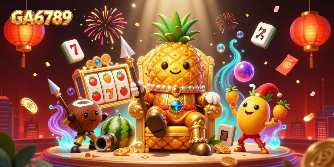 Experience the vibrant GA6789 casino scene with a golden pineapple king and lively characters.