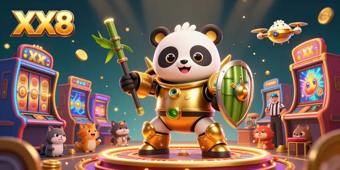 Experience the exciting world of XX8 as a golden panda dominates the casino gaming arena.