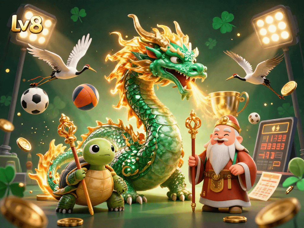 Bet on lv88 with a fantasy scene showcasing a dragon, turtle sage, and lucky cranes amidst dynamic sports elements.