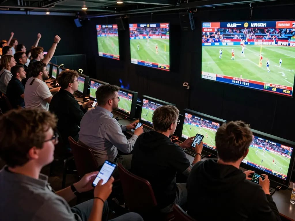 Fans enjoying live sports betting at oli4d, eagerly watching matches and monitoring their bets on mobile devices.