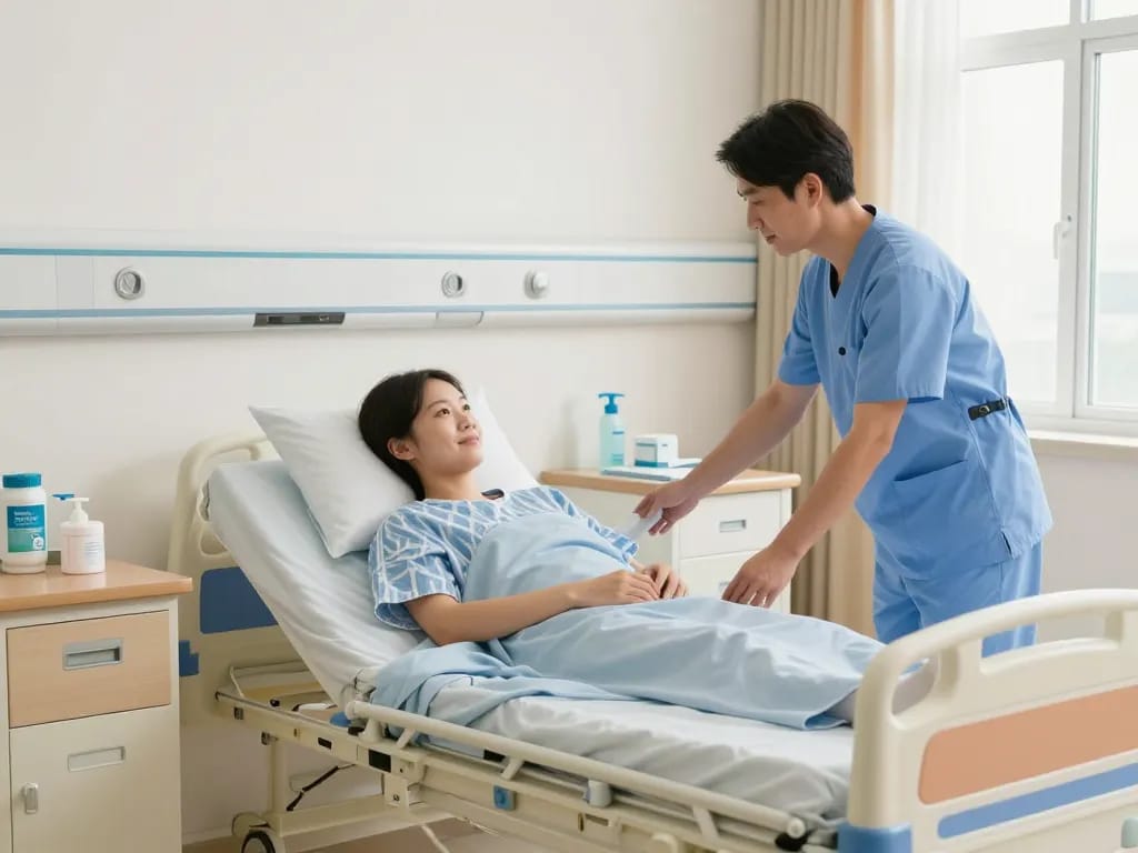 giường bệnh nhân in a well-lit hospital room with a caregiver adjusting the bed for patient comfort