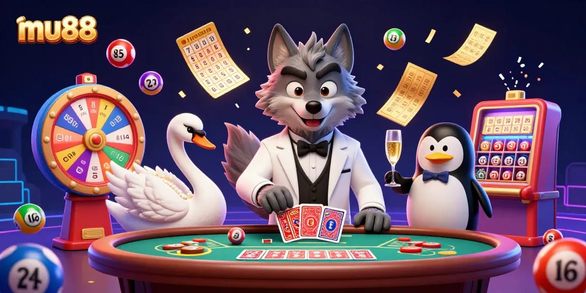 Engage with mu88's vibrant casino scene featuring a stylish wolf, elegant swan, and classy penguin.