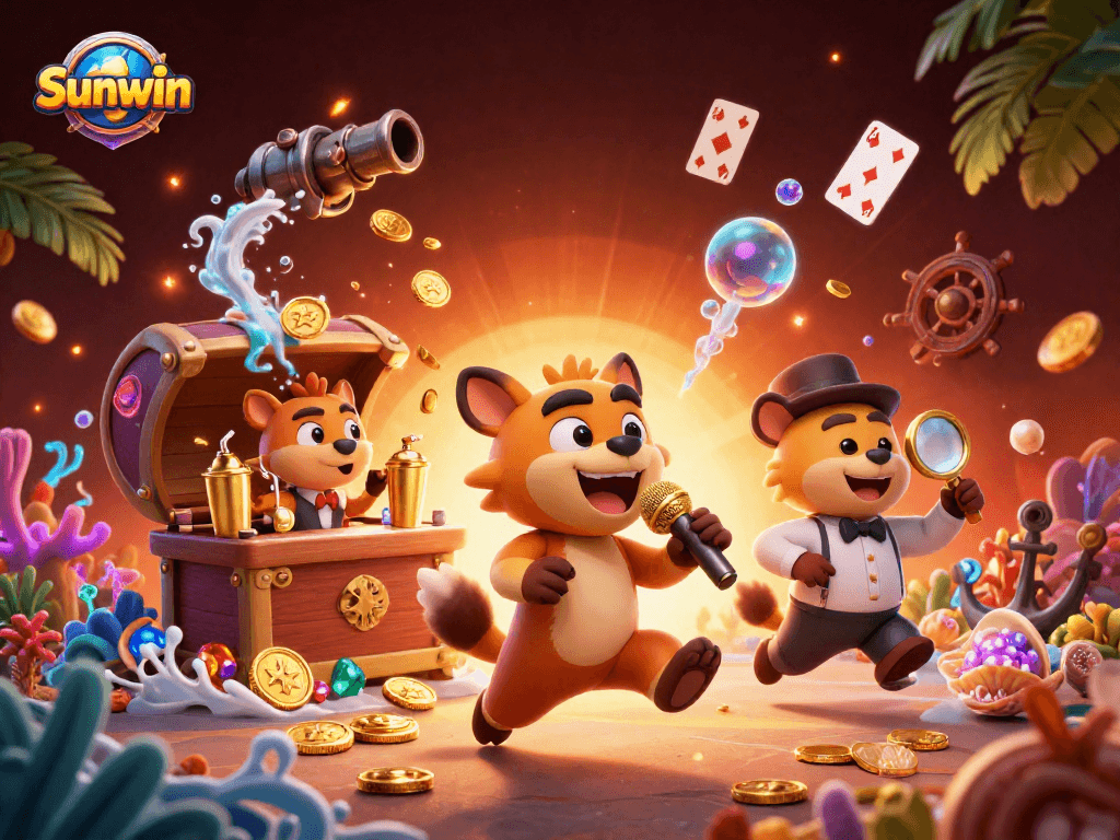Sunwin showcases a lively casino scene with hyenas engaging in entertainment, surrounded by treasures and vibrant elements.