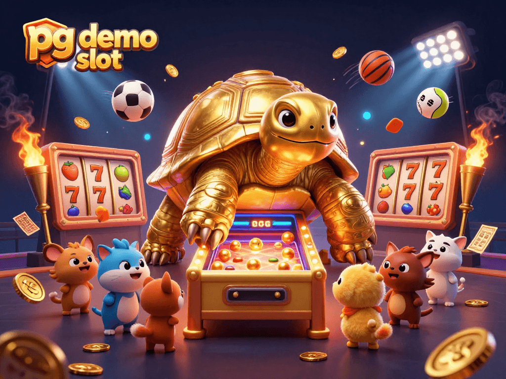 Spin the pg demo slot machine in this vibrant 3D casino illustration with dynamic sports elements.