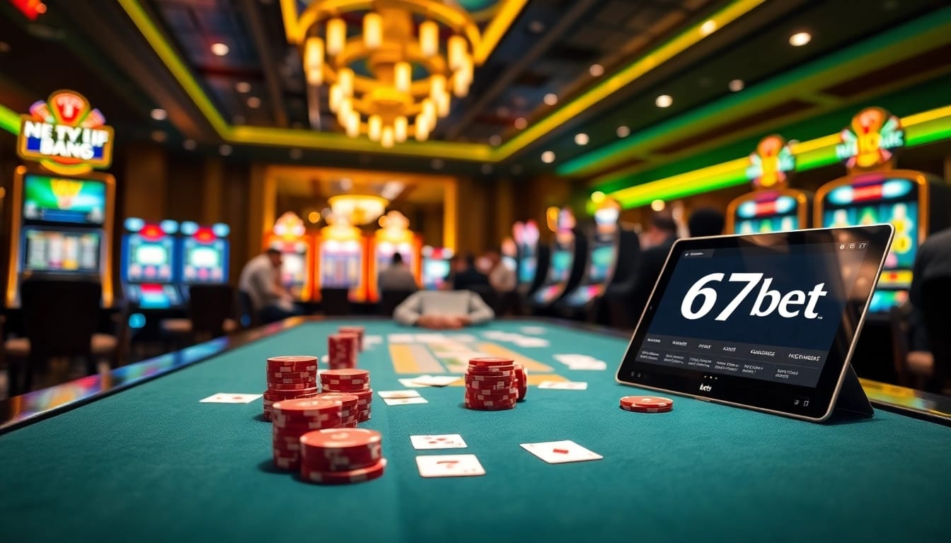 Exciting gaming at 67bet casino with vibrant poker action and slot machines in the background.
