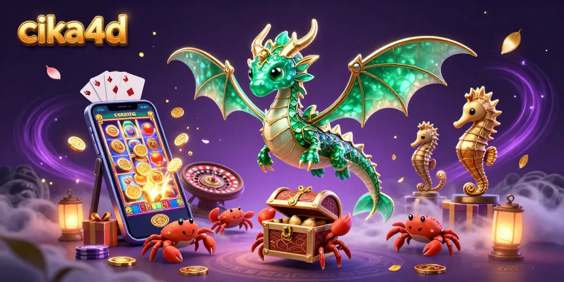 Experience vibrant slots action with cika4d, featuring a sea dragon, smartphone games, and golden coins.