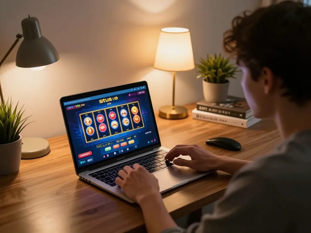 Engaging with situs slot through an online casino interface in a cozy, well-decorated home.