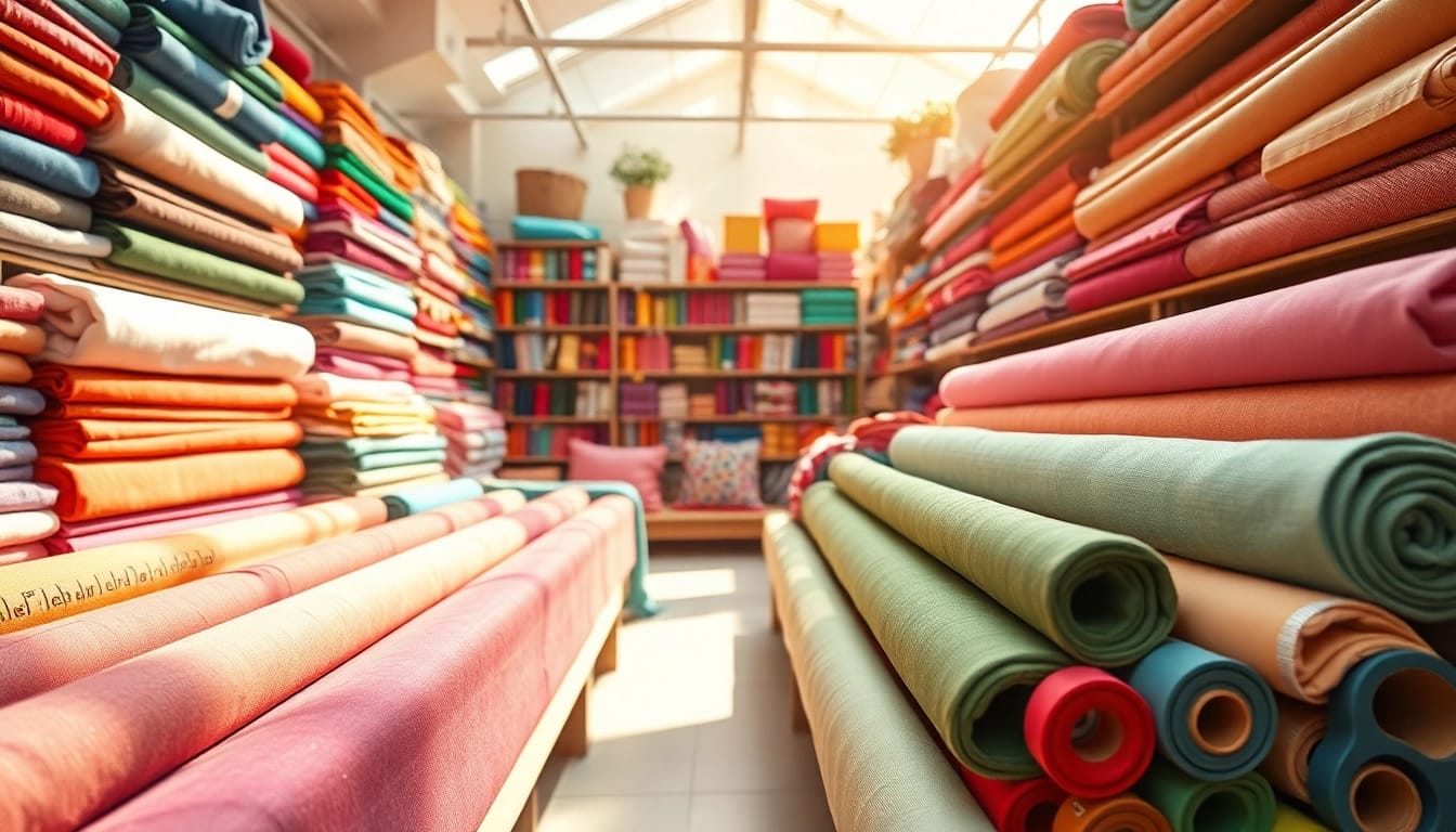 Katoen stof per meter mooie kleuren en texturen in een sfeervolle stoffenwinkel.