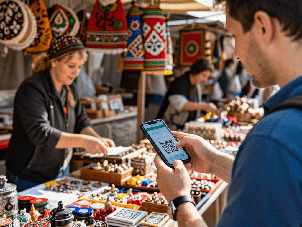 Pembayaran mudah menggunakan https://payinrussia.com/ di pasar tempatan Rusia dengan kod QR.