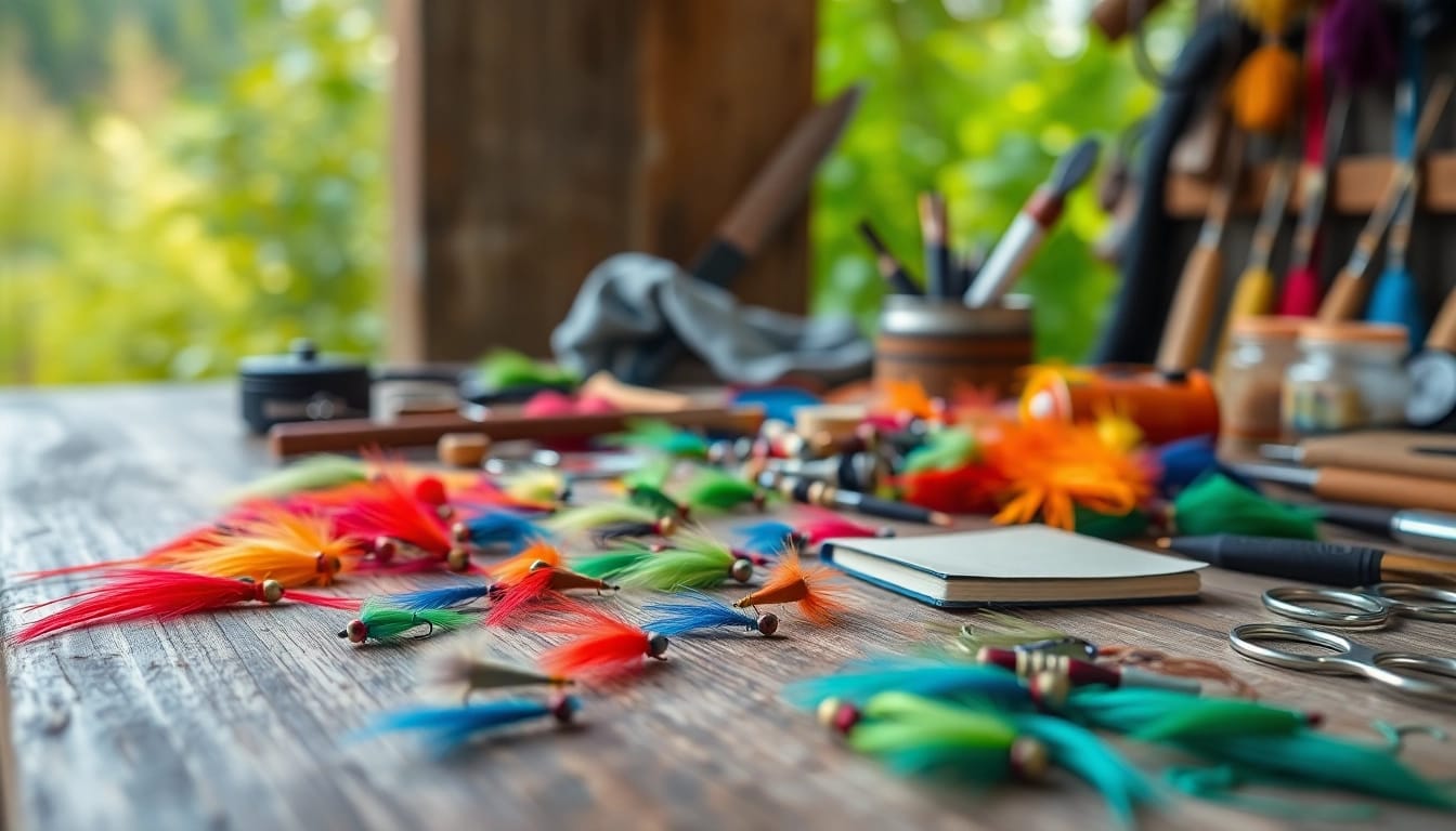 Engaging fly tying workspace with vibrant materials and tools emphasizing craftsmanship.