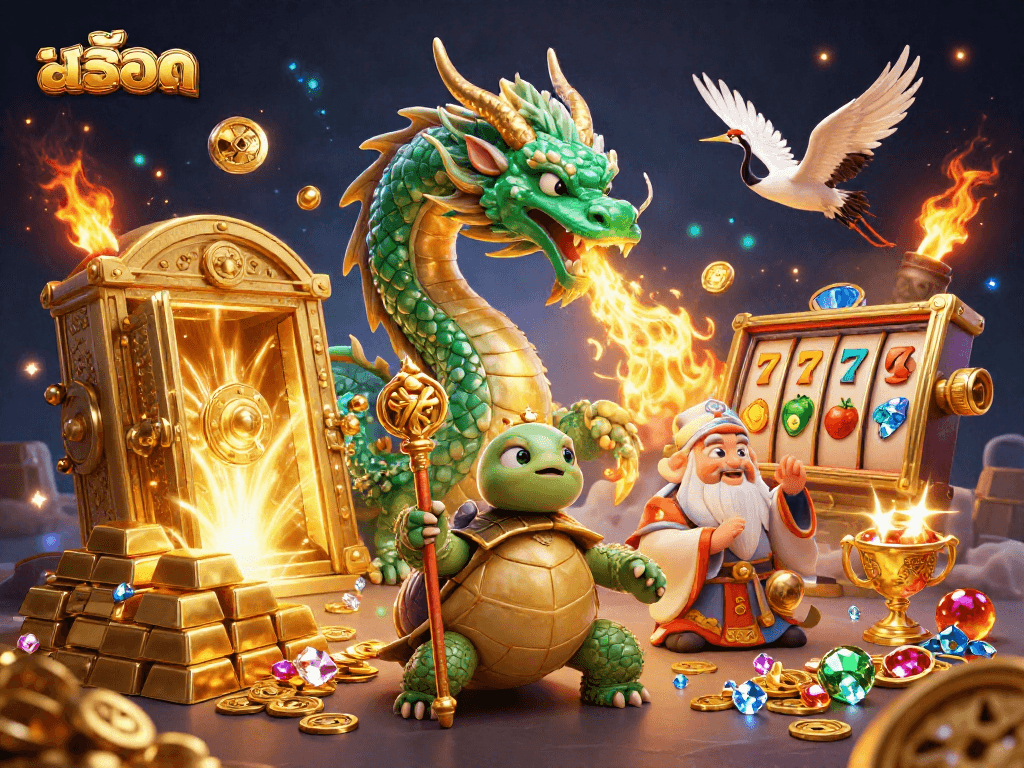 Engage in exciting สล็อต experiences with a dragon, turtle sage, and lucky cranes surrounded by treasures.