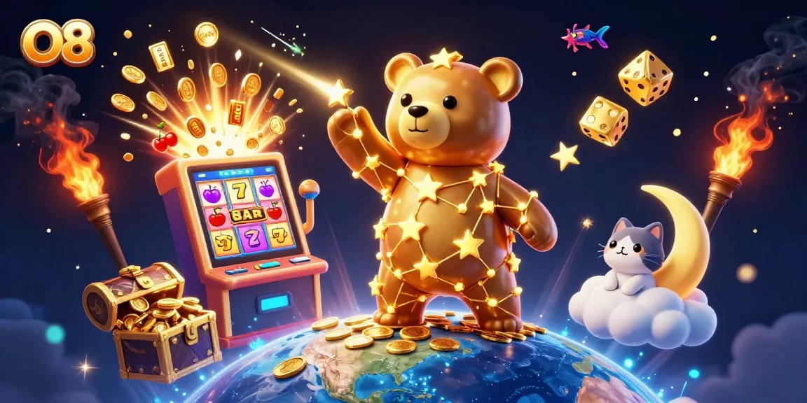 Engage with stunning O8 casino moments, featuring golden stars and jackpot excitement.