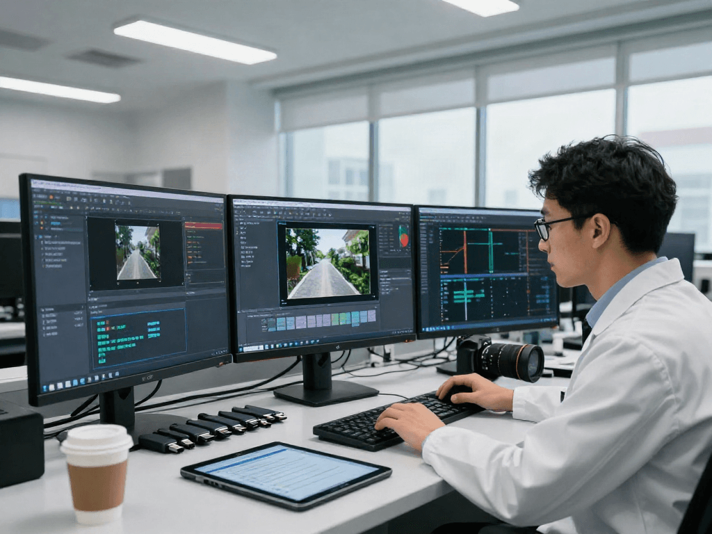 AI Image Detector analysis in a modern forensics lab with an investigator examining AI-generated images on high-resolution screens.