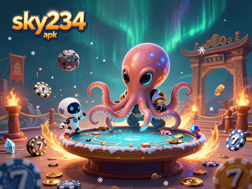 Play exciting poker with the sky234 apk in this vibrant alien-themed casino scene.