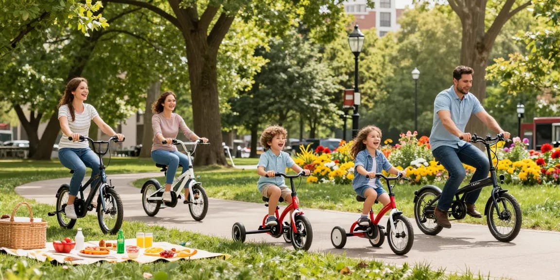 Families enjoying tricycles in a sunny park, showcasing fun activities.