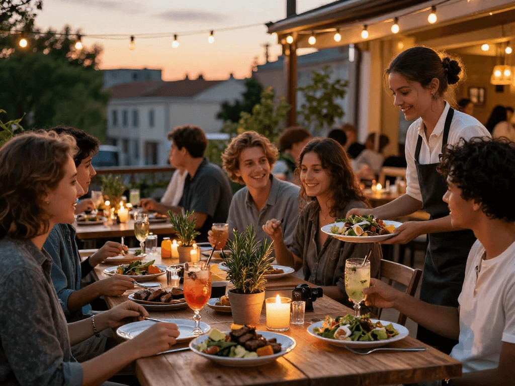 Dining on a restaurant terrace at sunset, enjoying rokok88 dishes with friends and festive atmosphere.