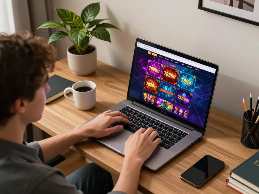 Engaged player enjoying online games at 789bet in a cozy home office.