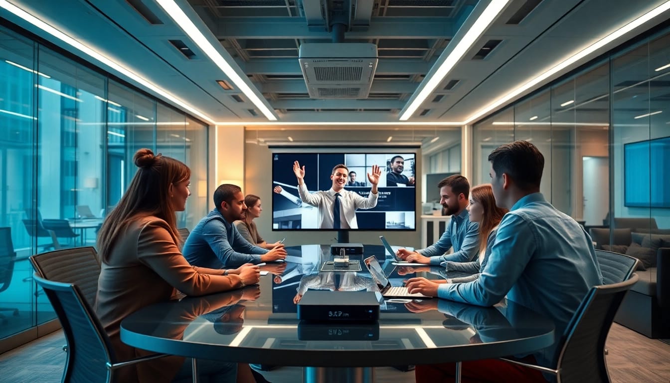Visualize an ai assistant for enterprise teams enhancing collaboration among a diverse group in a modern office.