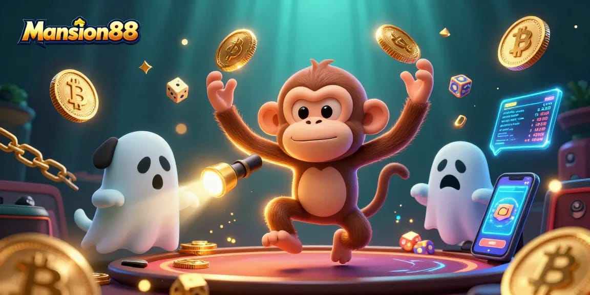 Engage with Mansion88's thrilling haunted casino experience, featuring a playful poltergeist monkey and ghost-hunter puppy.