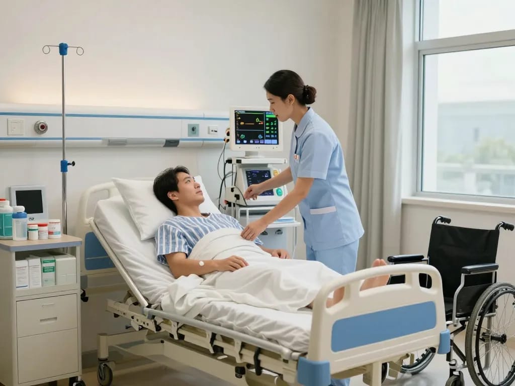 Patient being cared for in a giường bệnh nhân that enhances safety and comfort in a modern hospital room.