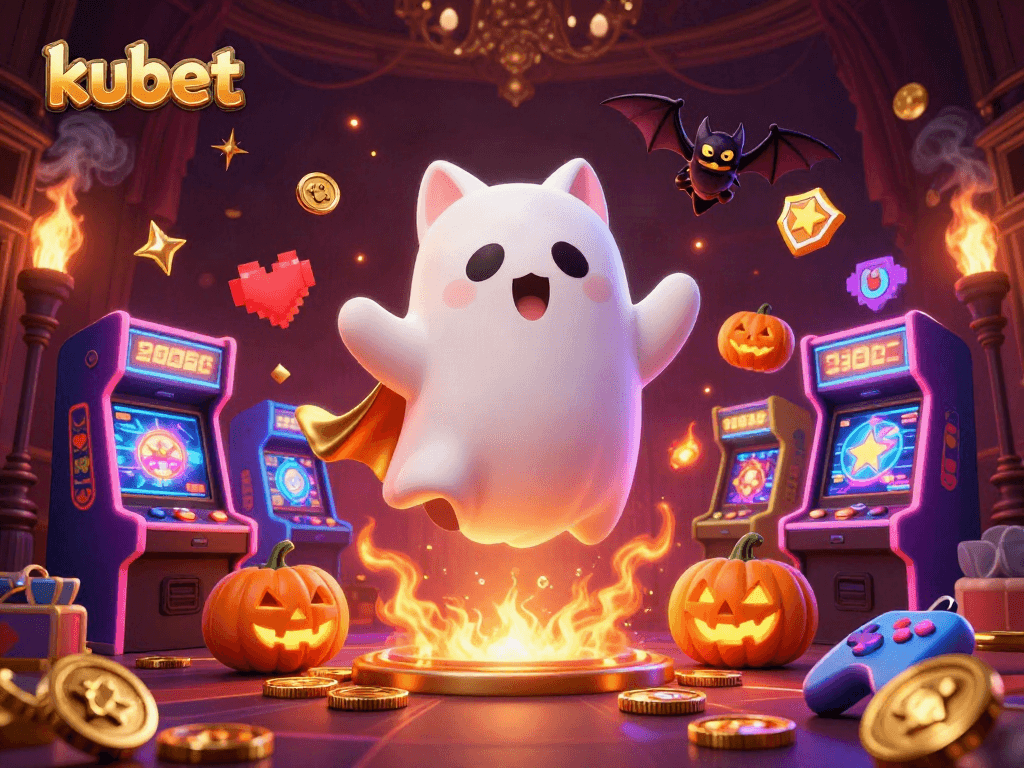 Engage with kubet's haunted casino adventures featuring a playful ghost cat and vibrant gaming elements.