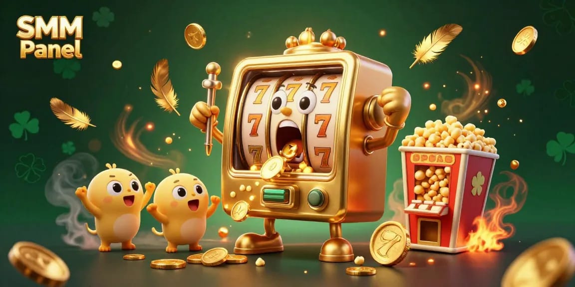 Unleashing SMM Panel potential with a victorious golden slot machine surrounded by cheering baby slots and dynamic casino elements.