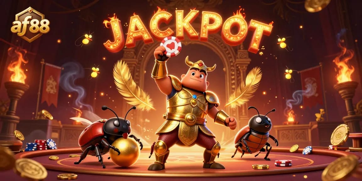 Experience the excitement of af88 with the triumphant beetle champion lifting a poker chip in a captivating casino scene.