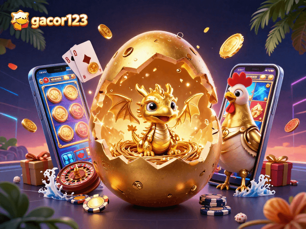 Experience thrilling wins with gacor123's colorful slot games, featuring dynamic poker chips and a golden dragon.