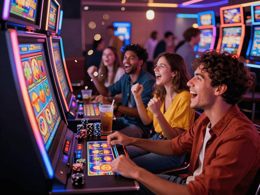 Exciting moment at a slot gacor machine with friends celebrating wins in a vibrant casino setting.