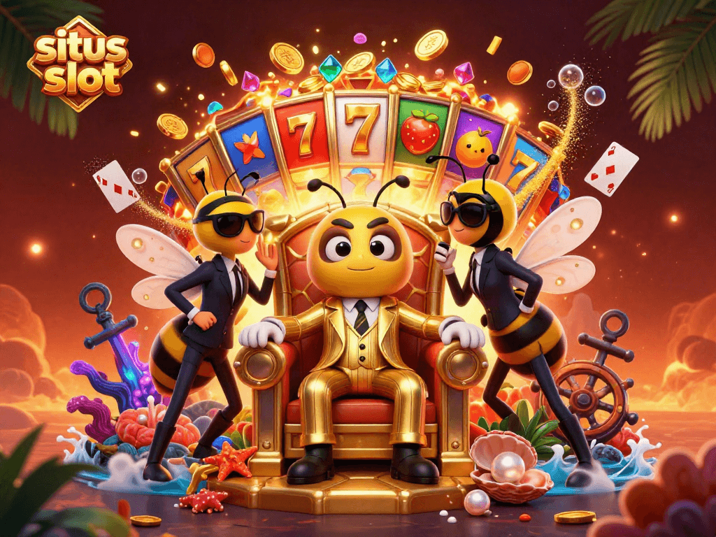 Situs slot scene featuring a bumblebee mob boss and slot reels amid gold coins and underwater treasures