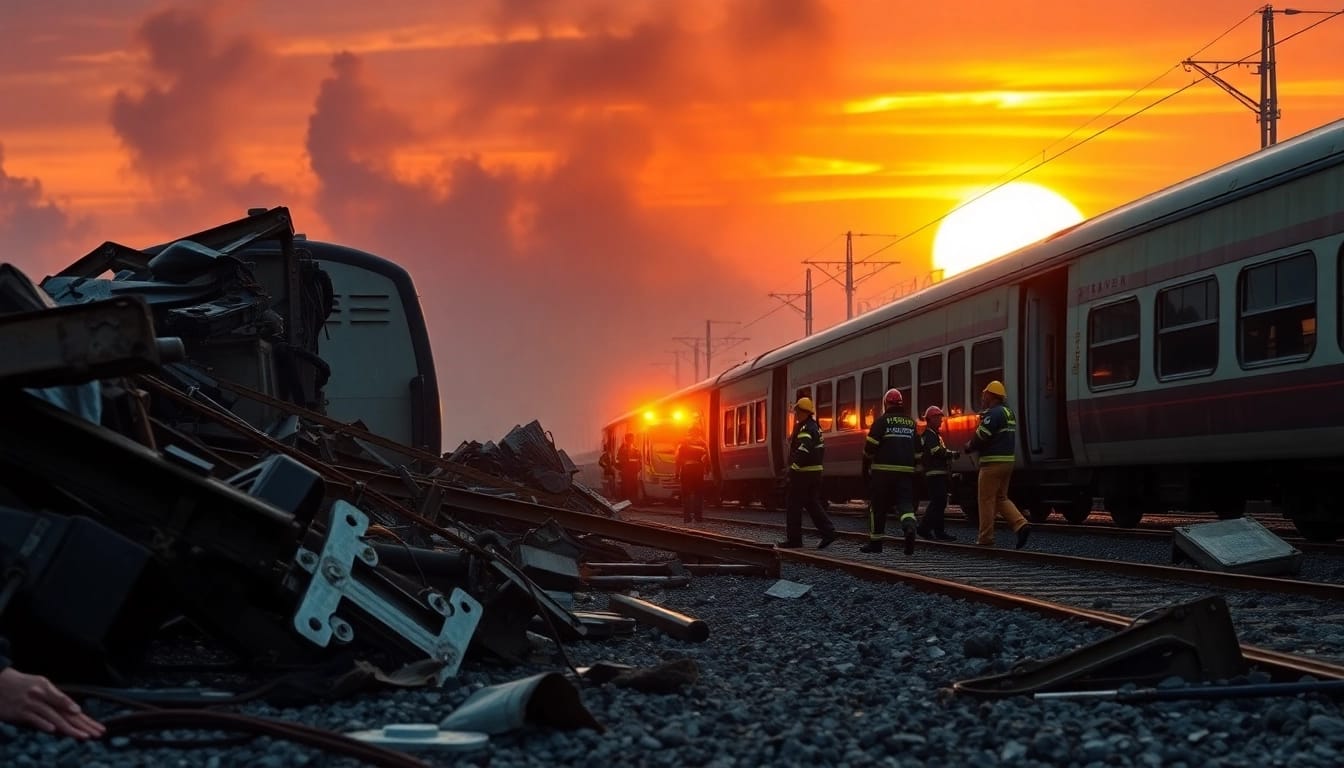 Spain train crash aftermath with emergency responders aiding victims in a chaotic scene.