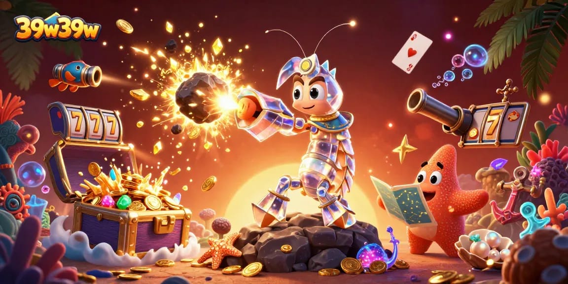 Experience thrilling slots with 39w39w, showcasing a playful underwater scene full of gems.