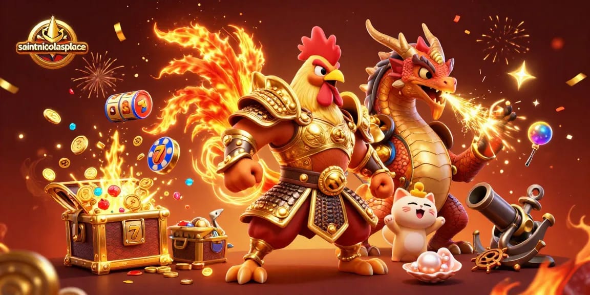 Play at saintnicolasplace's vibrant casino with a powerful rooster and dragon bursting with rewards.