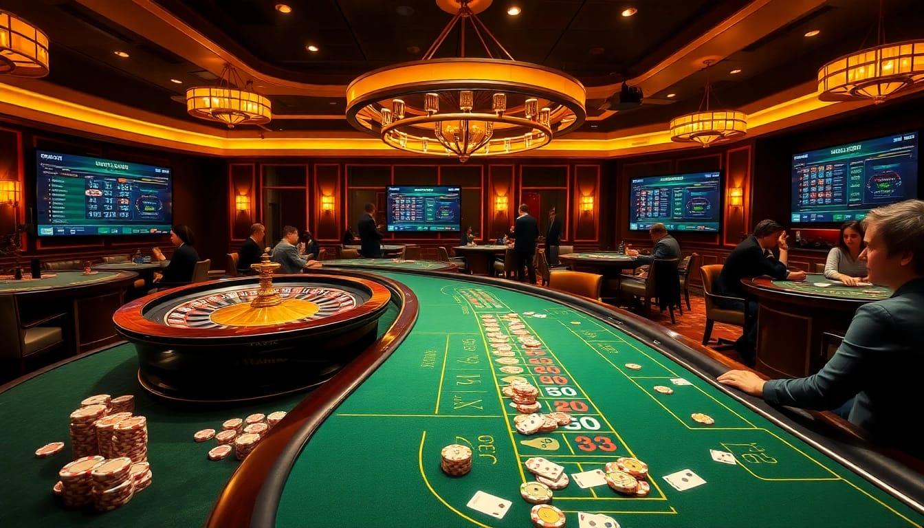 Scène excitante des meilleurs casinos en ligne avec des joueurs profitant du poker, de la roulette et des interfaces de paris dynamiques.