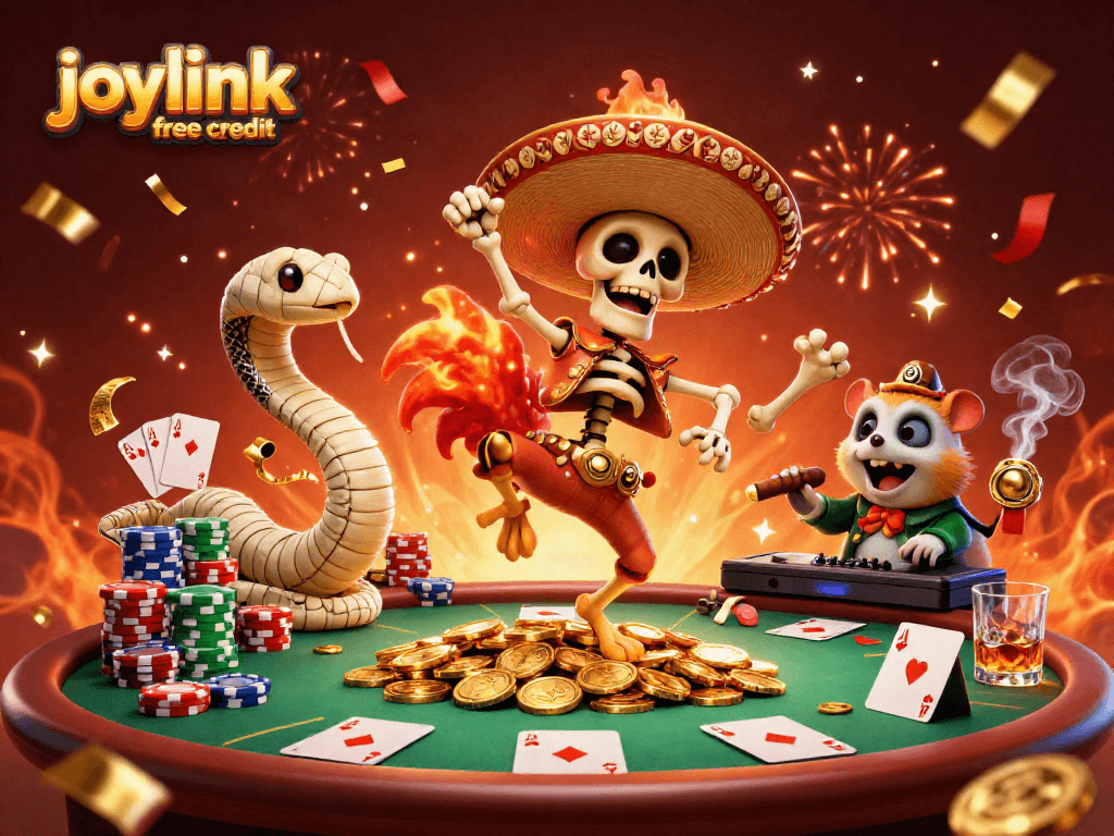 Celebrate with joylink free credit as a colorful 3D scene features gambling excitement and character antics.