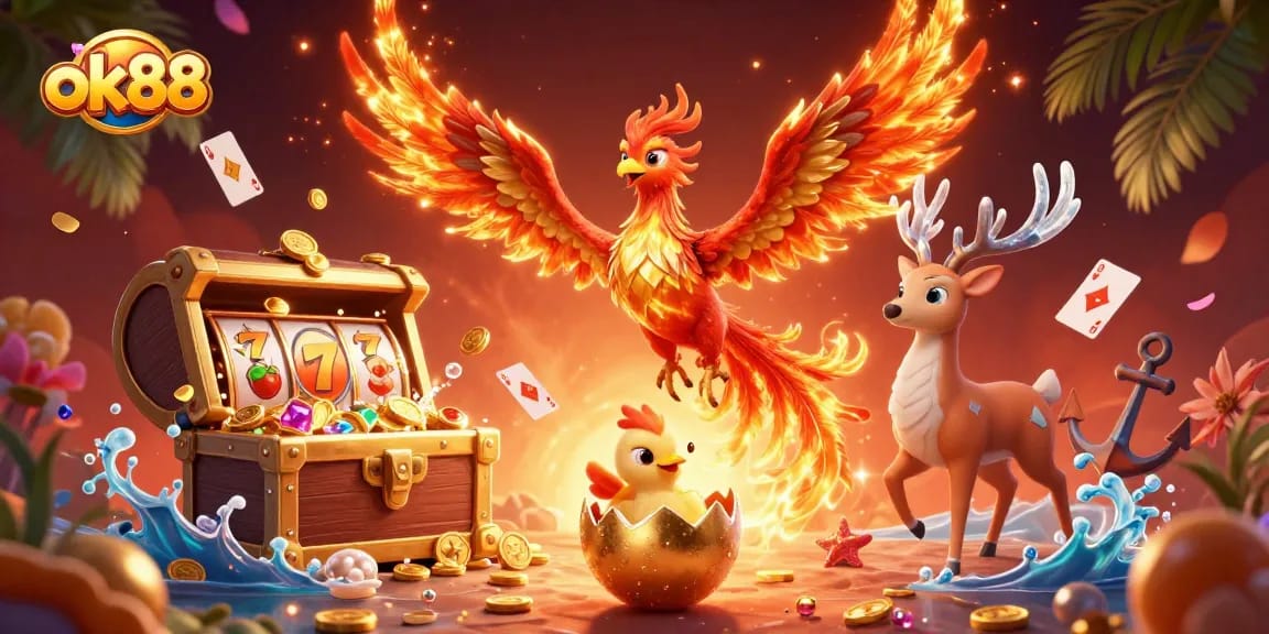 Visualizing ok88's vibrant casino atmosphere with dynamic phoenixes and slot games.