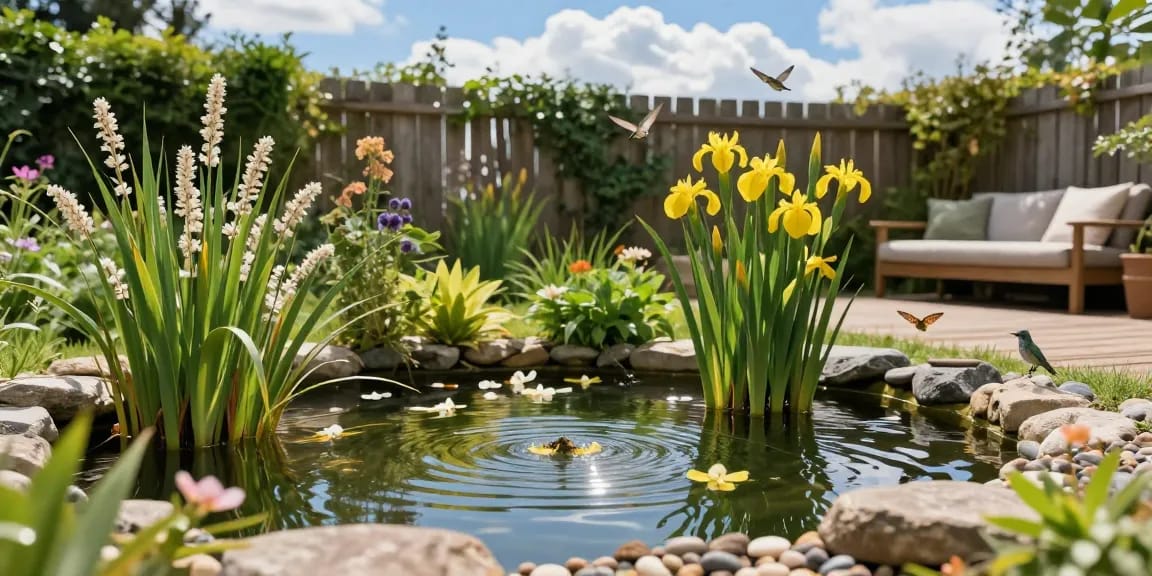 Stunning view of marginal pond plants enhancing a tranquil garden landscape with colorful blooms and lush greenery.