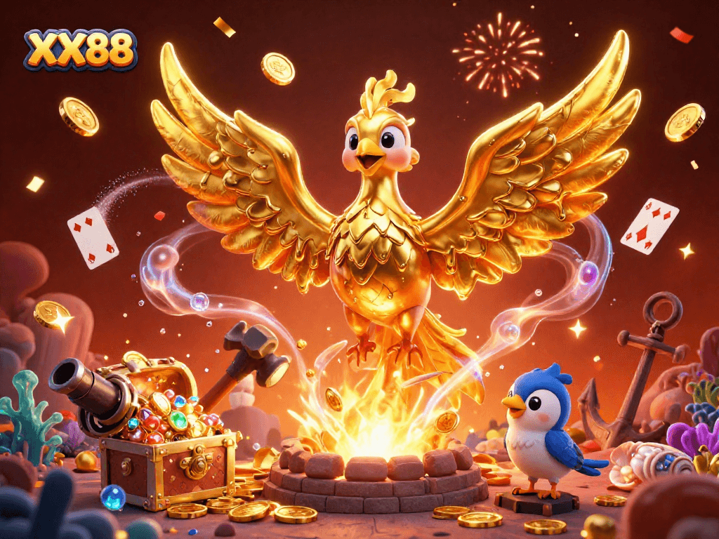 Experience the excitement of winning at XX88's dynamic virtual casino, featuring vibrant gold coins and interactive game elements.