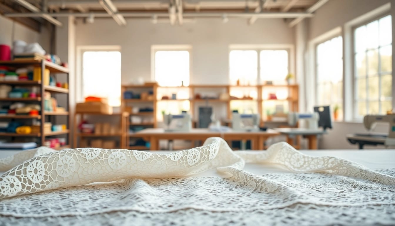 Lace fabric per meter in a bright workshop, highlighting intricate details and craftsmanship.
