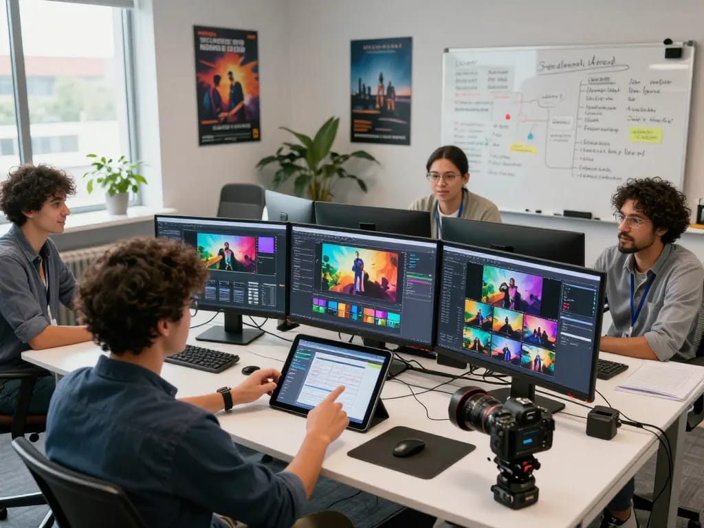 Team using seedance 2.0 AI video generation in a modern office