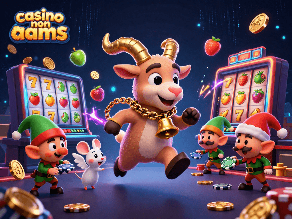 Gioca nei casino non AAMS con giochi avvincenti e simboli fortunati in un'illustrazione vivace.