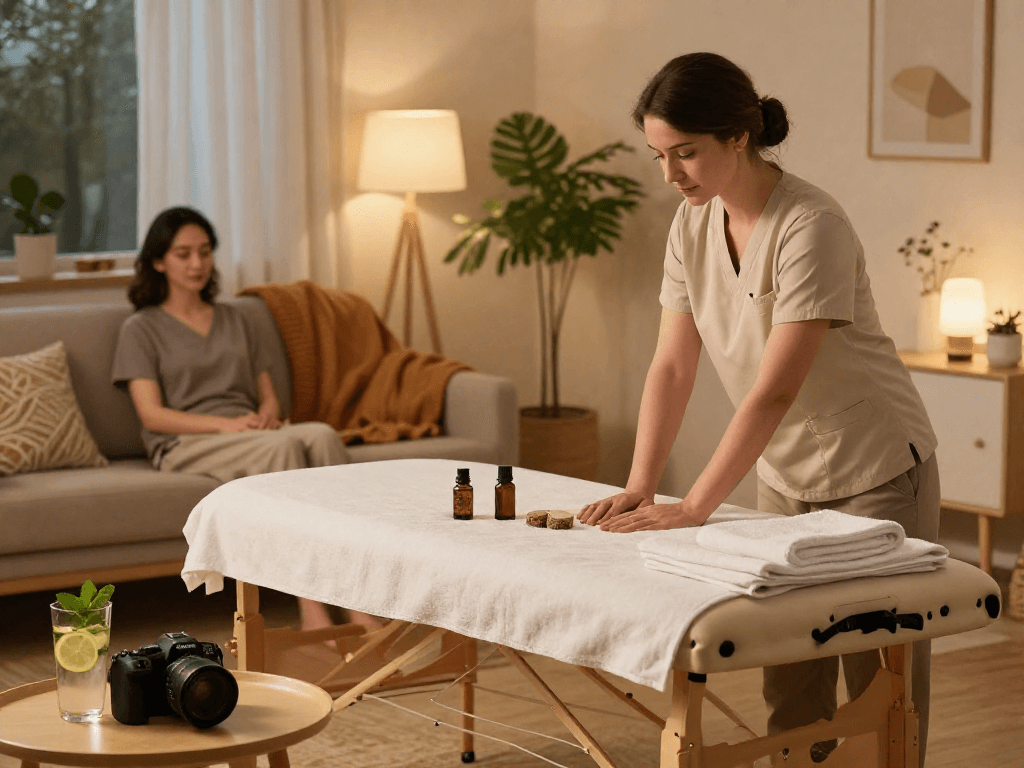 부평출장안마 home massage setup with relaxing atmosphere and calming essentials