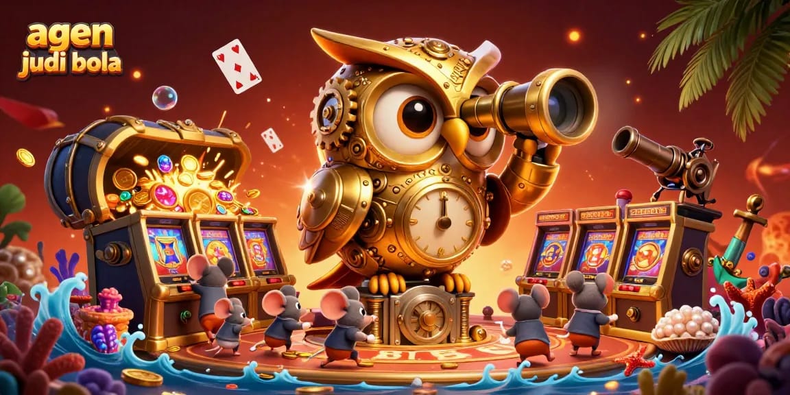 A vibrant scene of agen judi bola action with a clockwork owl overlooking casino elements, gold coins, and colorful gems.