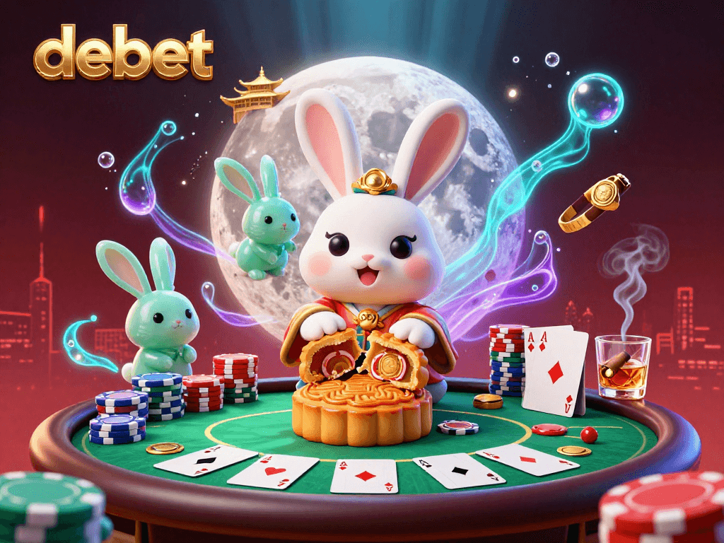 Engage with debet's lively casino atmosphere, featuring a moon rabbit surrounded by poker elements.