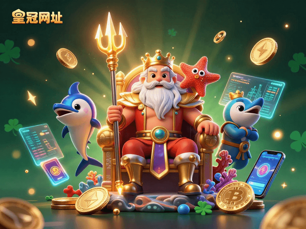 皇冠网址 在线赌场插图，展示了一位海王和他的护卫，充满了迷人的赌场元素。