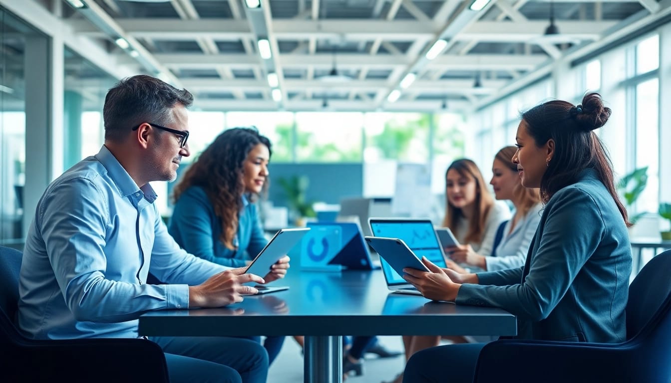 Collaboration with an ai assistant for enterprise teams in a bright office environment.