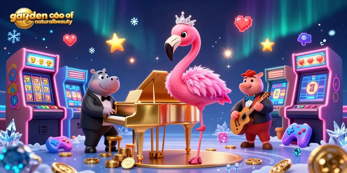 gardenofnaturalbeauty menghadirkan suasana kasino dengan penyanyi flamingo dan pemain bass hippo yang beraksi di panggung.