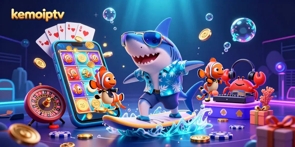 Experience kemoiptv vividly with a vibrant underwater scene featuring a shark surfing on gold coins amidst colorful casino elements.