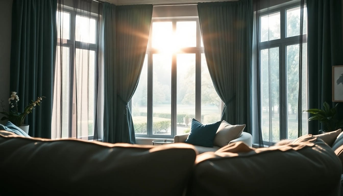 Verduisterende gordijnen in een stijlvolle woonkamer creëren een gezellige en donkere sfeer.
