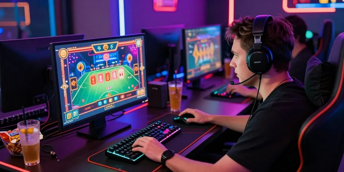 Excited player enjoying credit card casinos on a vibrant gaming setup with colorful screens and neon lights.